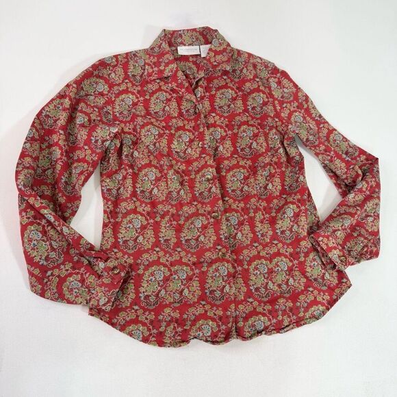 VTG Liz Claiborne Tops Womens Small Red Long Sleeve Button Down Paisley Cotton - Picture 1 of 10